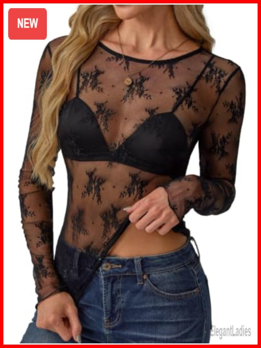 Lace Mesh Long Sleeve See Through Blouse Club Night Out Top